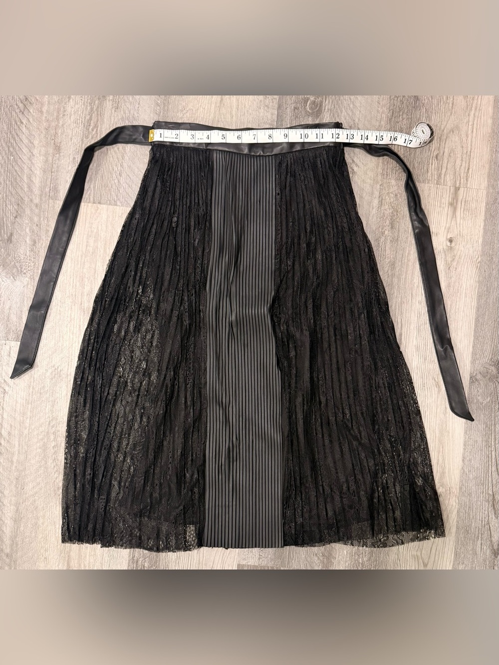 Black Lace and Pleated Panel Midi Skirt